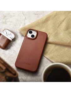iCarer CE Oil Wax Premium Läder Foliofodral iPhone 14 Plus magnetiskt flipfodral MagSafe brun (AKI14220707-BN)