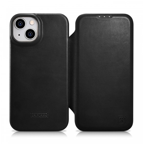 iCarer CE Oil Wax Premium Leather Folio Case Läderfodral iPhone 14 Plus Magnetic Flip MagSafe Black (AKI14220707-BK)