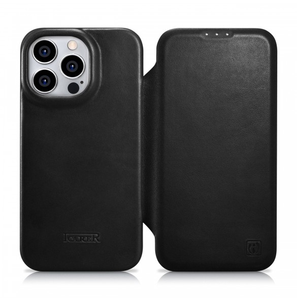 iCarer CE Oil Wax Premium Leather Folio Case Läderfodral iPhone 14 Pro Magnetic Flip MagSafe Black (AKI14220706-BK)