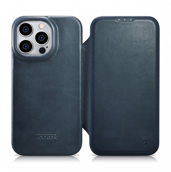 iCarer CE Oil Wax Premium Leather Folio Case Läderfodral iPhone 14 Pro Magnetic Flip MagSafe Blue (AKI14220706-BU)