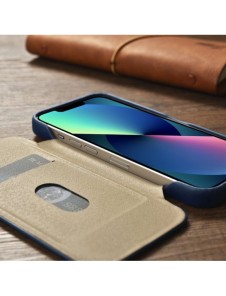 iCarer CE Oil Wax Premium Leather Folio Case Läderfodral iPhone 14 Pro Magnetic Flip MagSafe Blue (AKI14220706-BU)