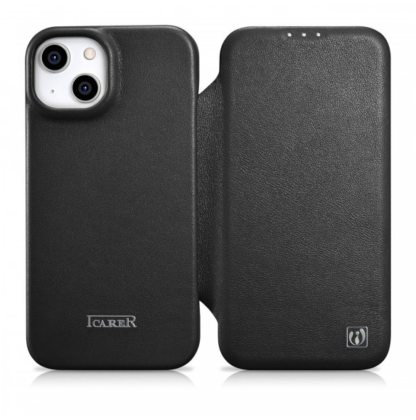 iCarer CE Premium Leather Folio Fodral iPhone 14 Plus Magnetic Flip Leather Folio Fodral MagSafe svart (WMI14220715-BK)