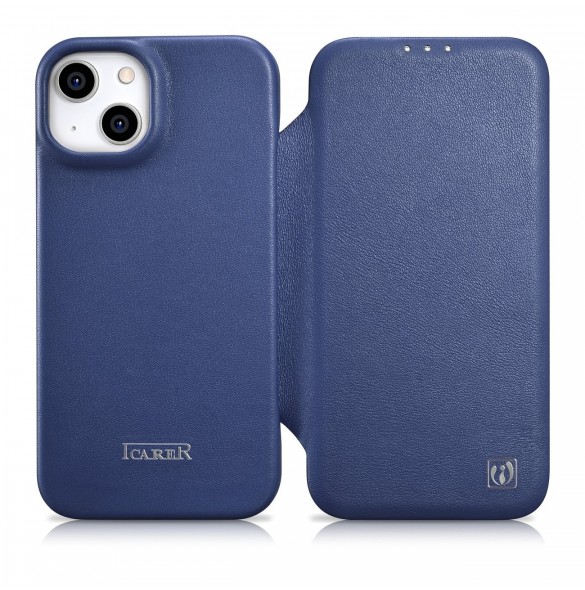 iCarer CE Premium Leather Folio Case iPhone 14 Plus Magnetic Flip Leather Folio Case MagSafe Blue (WMI14220715-BU)