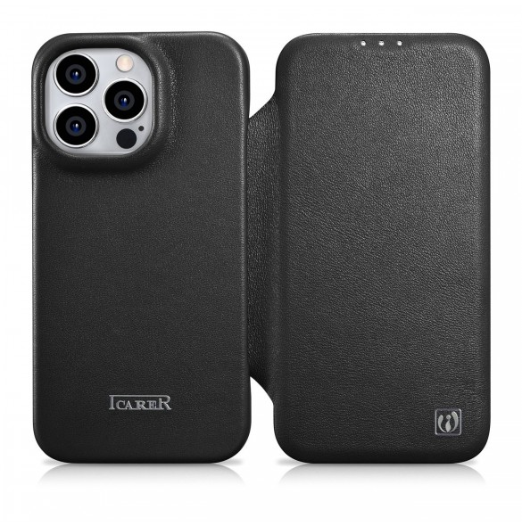 iCarer CE Premium Leather Folio Fodral iPhone 14 Pro Magnetic Flip Leather Folio Fodral MagSafe svart (WMI14220714-BK)