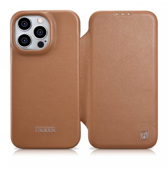 iCarer CE Premium Leather Folio Fodral iPhone 14 Pro Magnetic Flip Leather Folio Fodral MagSafe brun (WMI14220714-BN)