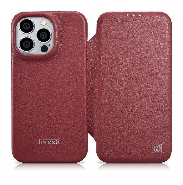 iCarer CE Premium Leather Folio Case iPhone 14 Pro Max Magnetic Flip Cover MagSafe Röd (WMI14220716-RD)