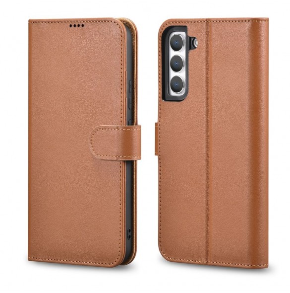 iCarer Haitang Läderplånboksfodral Läderfodral för Samsung Galaxy S22 + (S22 Plus) Plånboksfodral Brun (AKSM05BN)
