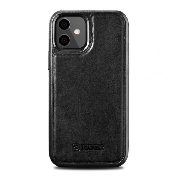 iCarer Leather Oil Wax fodral täckt med naturligt läder för iPhone 12 mini svart (ALI1204-BK)