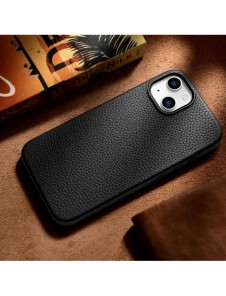 iCarer Litchi Premium läderfodral iPhone 14 Plus magnetiskt läderfodral med MagSafe Black (WMI14220711-BK)
