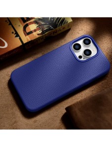 iCarer Litchi Premium läderfodral iPhone 14 Pro Max magnetiskt läderfodral med MagSafe Mörkblå (WMI14220712-DB)