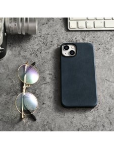 iCarer Oil Wax Premium läderfodral iPhone 14 Plus magnetiskt läderfodral med MagSafe Mörkblå (WMI14220703-BU)
