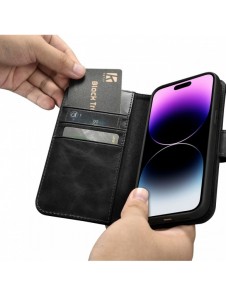 iCarer Oil Wax Plånboksfodral 2-i-1 skal iPhone 14 Pro Max Leather Flip Cover Anti-RFID svart (WMI14220724-BK)