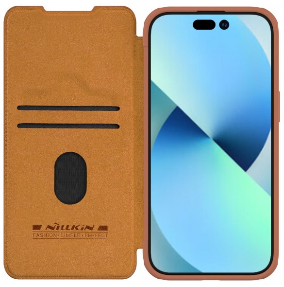 Nillkin Qin Pro Läder Flip Fodral till iPhone 15 med kameraskydd - Brun