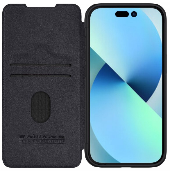 Nillkin Qin Pro Läder Flip-fodral med kameraskal till iPhone 15 Plus - Svart