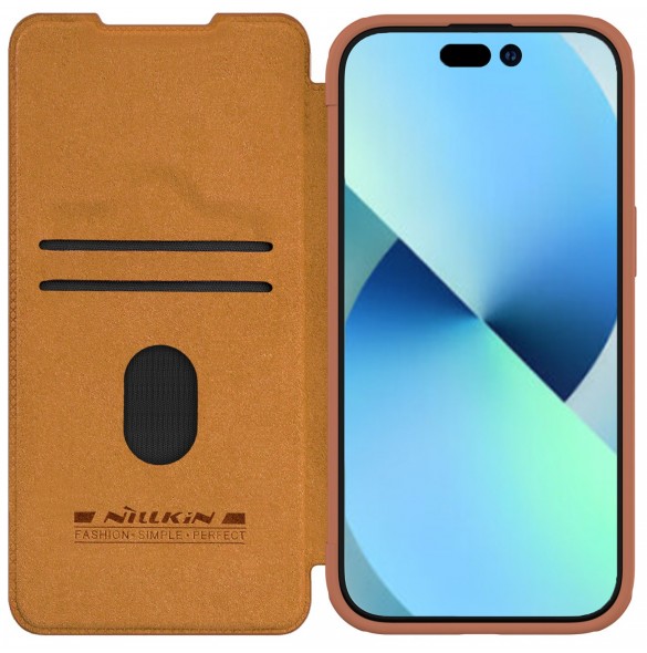 Nillkin Qin Pro Läder Flip-fodral med kameraskal till iPhone 15 Plus - Brun