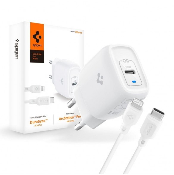 Spigen PE2C10CL 1-PORTS NÄTVERKSLADDARE PD20W + Lightning MFi KABEL VIT