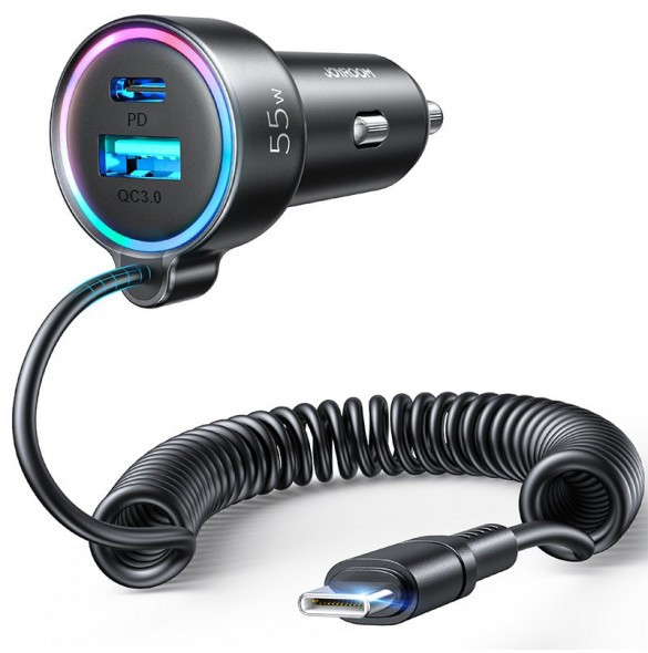 Joyroom snabb billaddare 3 i 1 med USB Type C-kabel 1,5m 55W svart (JR-CL07)