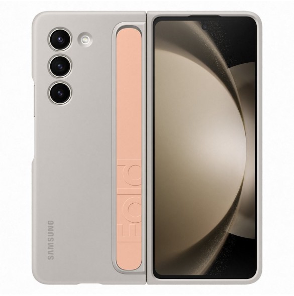 Silikonfodral till Samsung Galaxy Z Fold 5 med stativ och rem - beige
