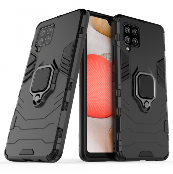 Ring Armor Case Kickstand Tough Rugged Cover för Samsung Galaxy A42 5G svart