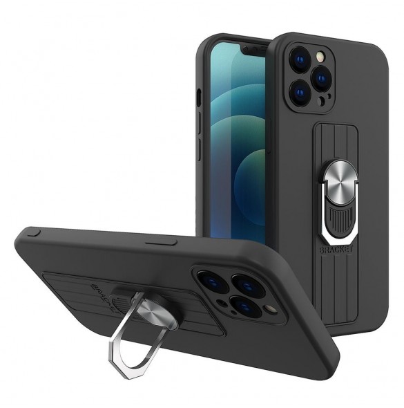 Ring Case silikonfodral med fingergrepp och ställ för Samsung Galaxy A12 svart