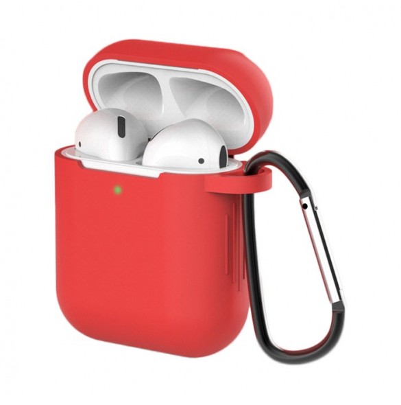 Fodral för AirPods 2 / AirPods 1 mjukt silikonfodral för hörlurar + nyckelring karbinhake rött (fodral D)