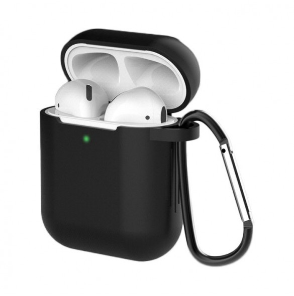Fodral för AirPods 2 / AirPods 1 mjukt silikonfodral för hörlurar + nyckelring karbinhake svart (fodral D)