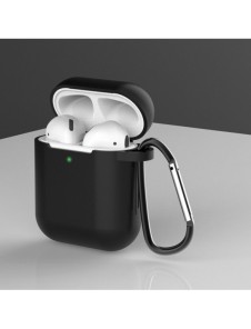 Fodral för AirPods 2 / AirPods 1 mjukt silikonfodral för hörlurar + nyckelring karbinhake svart (fodral D)
