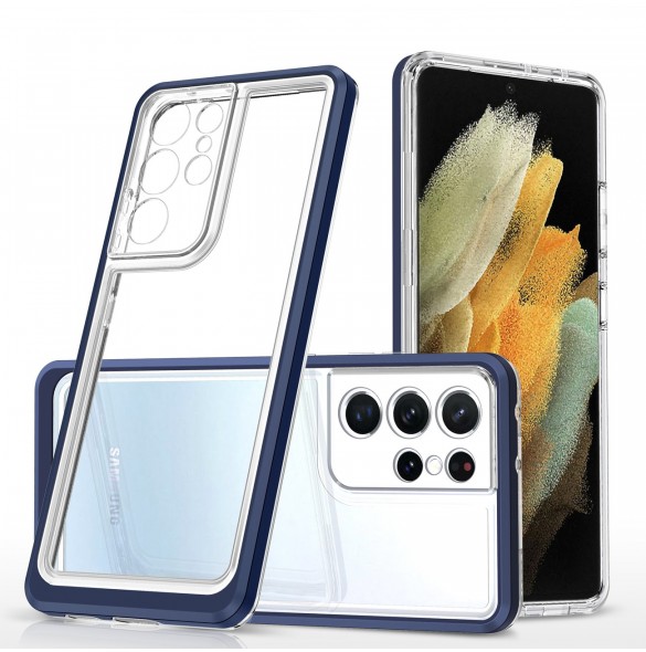 Genomskinligt 3-i-1 fodral för Samsung Galaxy S21 Ultra 5G Frame Gel Cover Blå