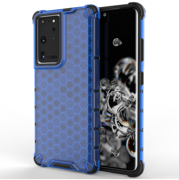 Honeycomb-fodral bepansrat skal med en gelram för Samsung Galaxy S22 Ultra blå