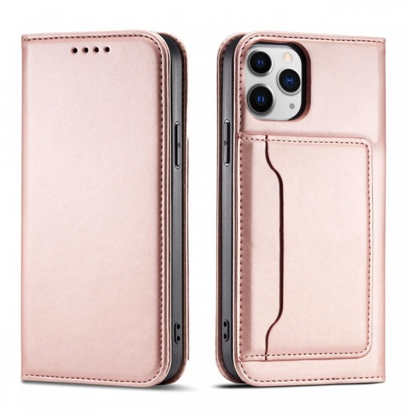 Magnetkortfodral för iPhone 12 Pro Pouch Card Plånbok Kortställ Rosa