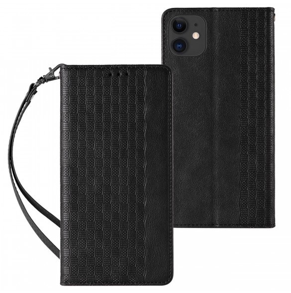 Magnet Strap Fodral för iPhone 12 Pouch Plånbok + Mini Halsband Svart