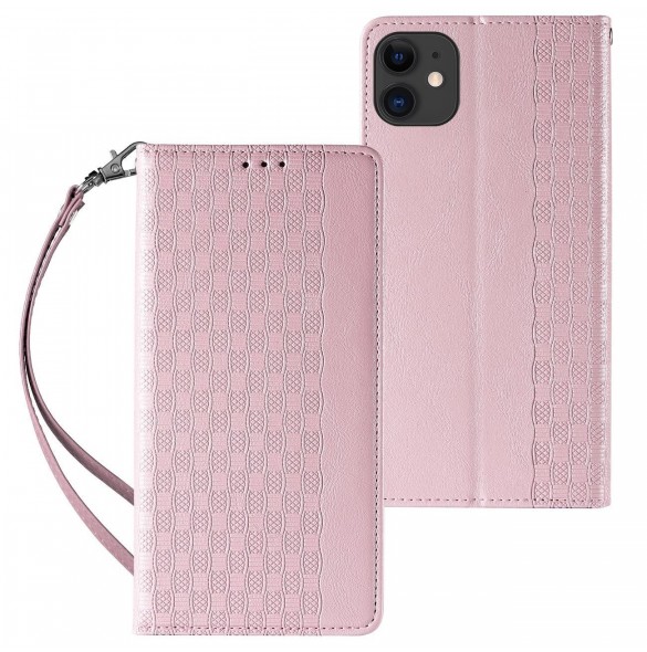Magnetremsfodral för iPhone 12 Pouch-plånbok + Mini Halsbandshänge Rosa