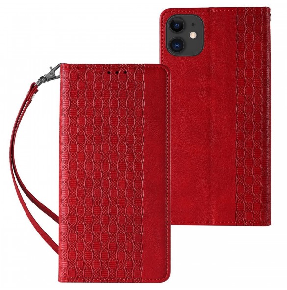 Magnetremsfodral för iPhone 12 Pouch Plånbok + Mini Halsbandshänge Röd