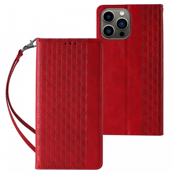 Magnet Strap Fodral för iPhone 12 Pro Pouch Plånbok + Mini Halsbandshänge Röd