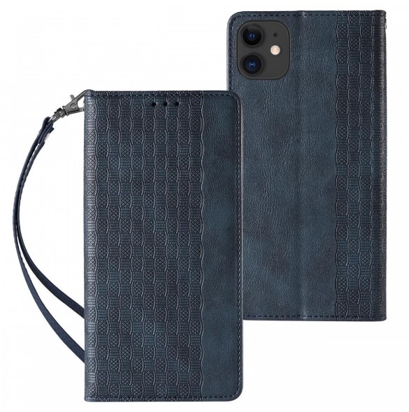 Magnet Strap Fodral för iPhone 13 mini skal plånbok + mini lanyard hänge blå