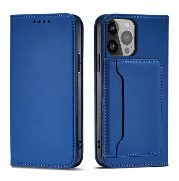 Magnetkortfodral för iPhone 14 flip cover plånboksställ blå