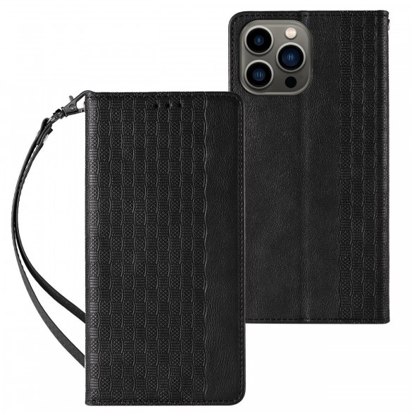 Magnet Strap Case Fodral för iPhone 14 Pro Max Flip Wallet Mini Lanyard Stand Svart