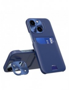 Läderställfodral för iPhone 14 Plus fodralkortplånbok med stativ blå