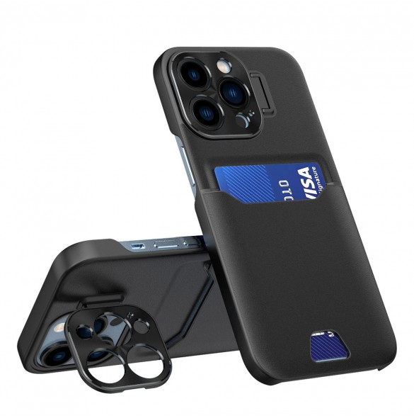Läderfodral fodral för iPhone 14 Pro-kortplånbok med ställ svart
