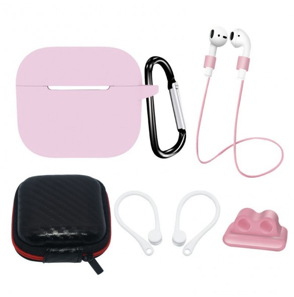 AirPods 3 silikonfodral set + fodral/öronkrok/nackrem/klockarmbandshållare/karbinhake - rosa