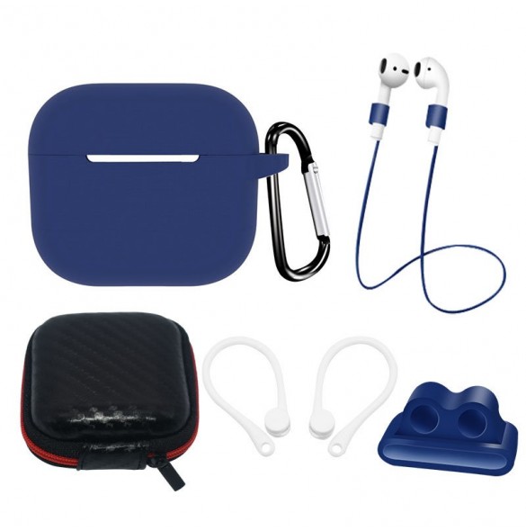 AirPods 3 silikonfodral set + fodral/öronkrok/nackrem/klockremshållare/karbinhake - blå