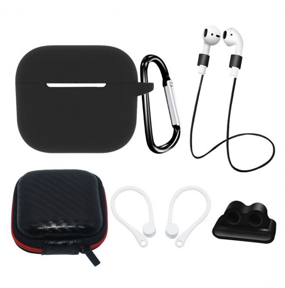 AirPods 3 silikonfodral set + fodral/öronkrok/nackrem/klockarmbandshållare/karbinhake - svart