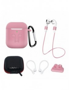 Silikonfodral Set för AirPods 2 / AirPods 1 + Fodral / Öronkrok / Halsrem / Klockarmbandshållare / Karbinhake - rosa