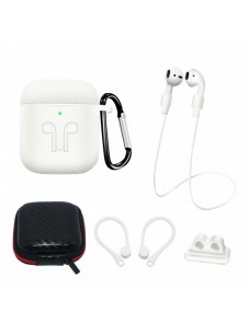 Silikonfodral för AirPods 2 / AirPods 1 + Fodral / Öronkrok / Nackrem / Klockarmbandshållare / Karbinhake - Vit