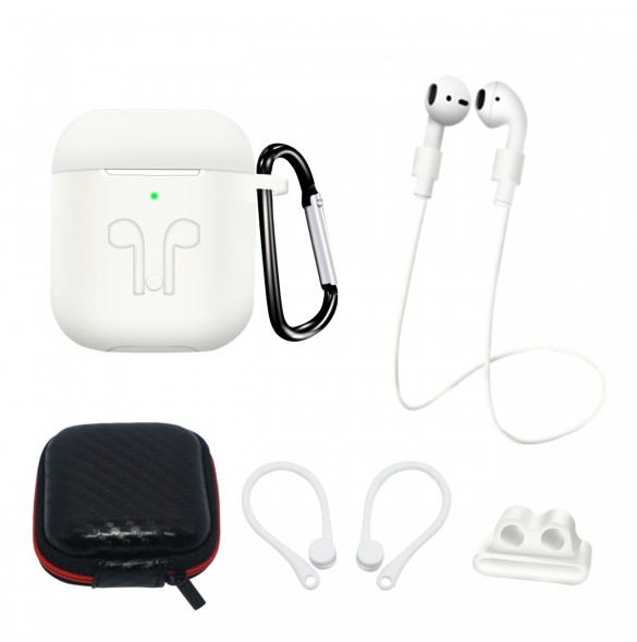 Silikonfodral för AirPods 2 / AirPods 1 + Fodral / Öronkrok / Nackrem / Klockarmbandshållare / Karbinhake - Vit