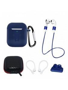 Silikonfodral Set för AirPods 2 / AirPods 1 + Fodral / Öronkrok / Halsrem / Klockarmbandshållare / Karbinhake - blå