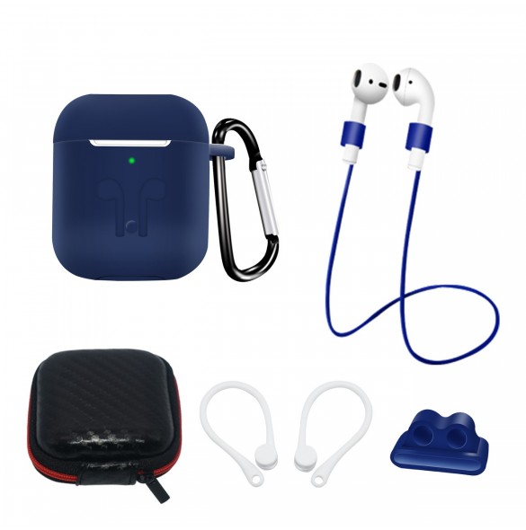 Silikonfodral Set för AirPods 2 / AirPods 1 + Fodral / Öronkrok / Halsrem / Klockarmbandshållare / Karbinhake - blå