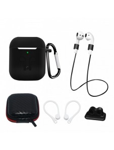 Silikonfodral Set för AirPods 2 / AirPods 1 + Fodral / Öronkrok / Halsrem / Klockarmbandshållare / Karbinhake - svart