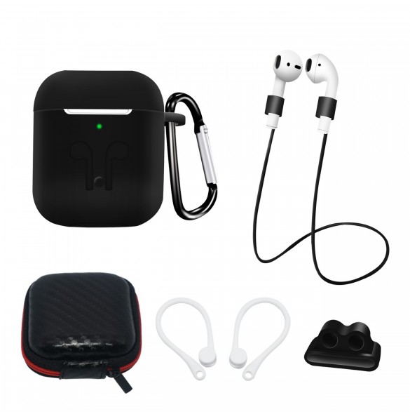 Silikonfodral Set för AirPods 2 / AirPods 1 + Fodral / Öronkrok / Halsrem / Klockarmbandshållare / Karbinhake - svart