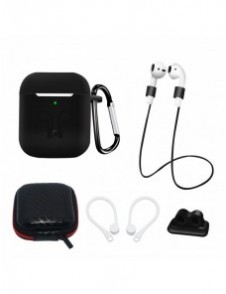 Silikonfodral Set för AirPods 2 / AirPods 1 + Fodral / Öronkrok / Halsrem / Klockarmbandshållare / Karbinhake - svart